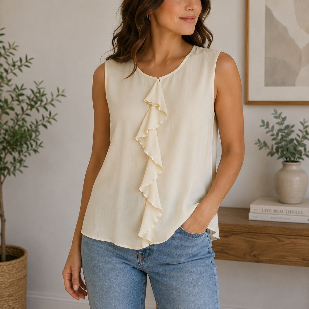 Bloomingdales Womens Ruffle Blouse Size L 16W Cream Sleeveless 100% Silk Vtg